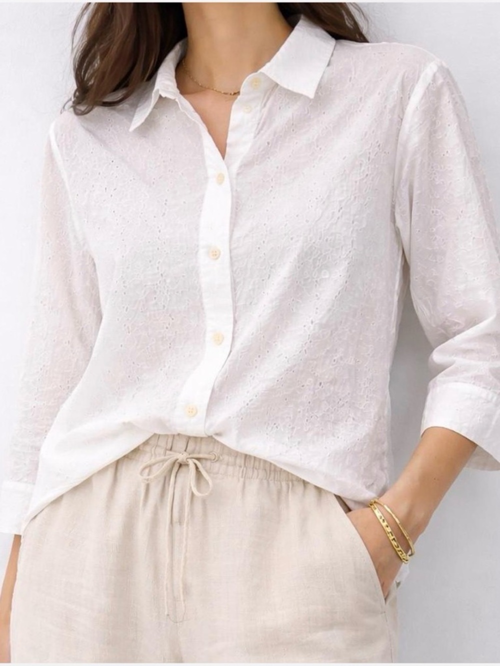 Ines de la Fressange x Uniqlo Eyelet Blouse XL White Floral Cotton Coastal